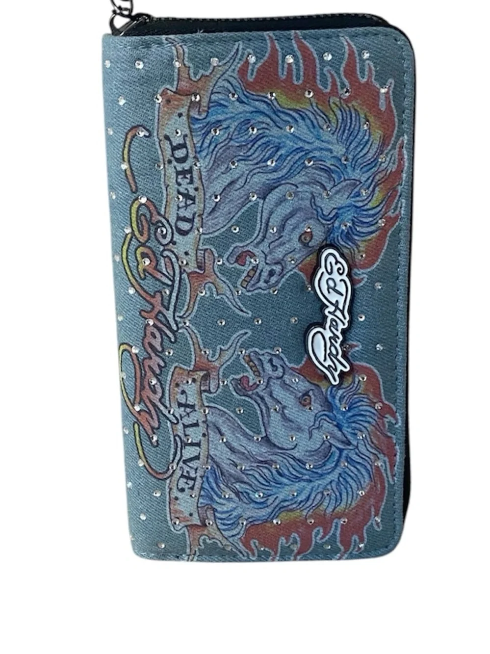 Ed Hardy Blue Graphic Zip Wristlet with Flame Horse Motif NWT